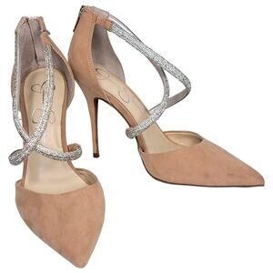 Jessica Simpson Strappy Heels 8.5 M Nude Suede Rhinestone Wilira Stiletto Pumps